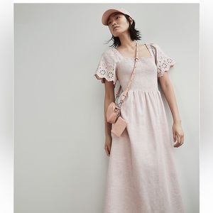 Madewell linen blend Lucie dress with lace detail in pink size Medium